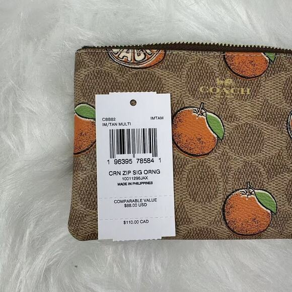 Coach Corner Zip Wristlet In Signature Canvas With Orange Print In Tan CBB82 NWT - Picture 4 of 5